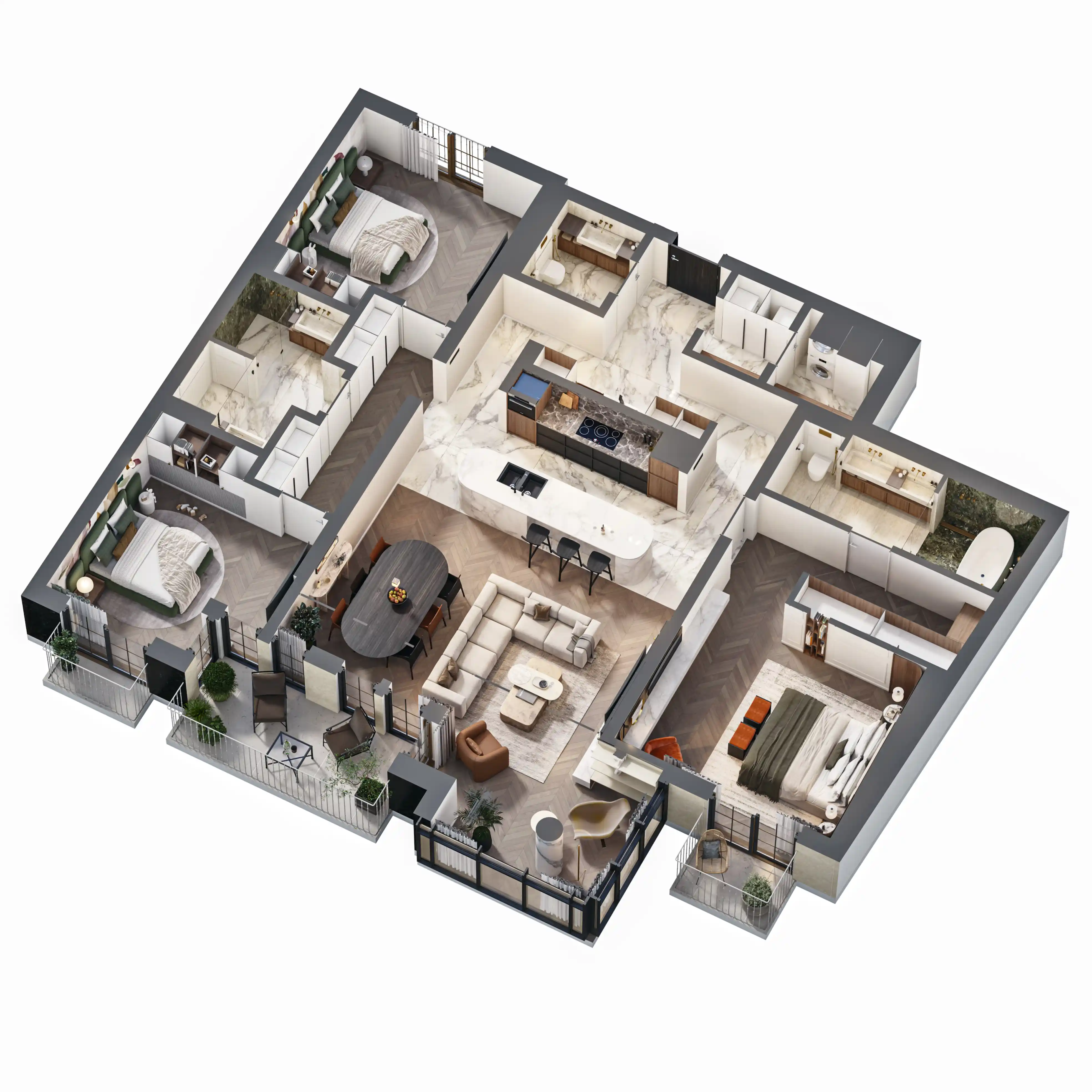 Radiance Visual. 3D floor plan of a modern apartment featuring three bedrooms, two bathrooms, an open kitchen with an island, a living room with a sectional sofa, a dining area, and two balconies with outdoor seating.