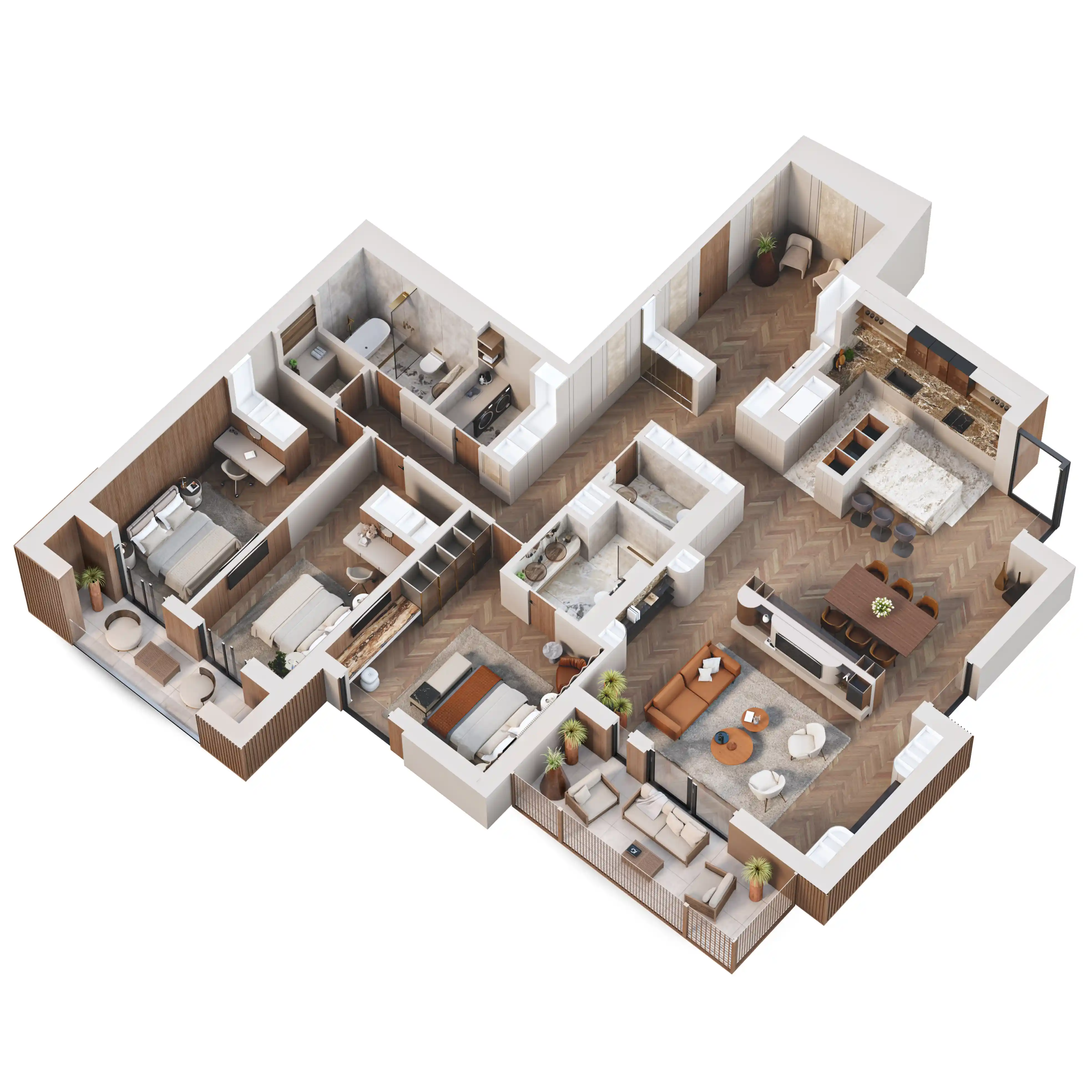 Radiance Visual. 3D floor plan of a modern apartment featuring three bedrooms, two bathrooms, an open living room with a sofa and chairs, a dining area with a table for six, a kitchen with an island, and two balconies with outdoor seating.