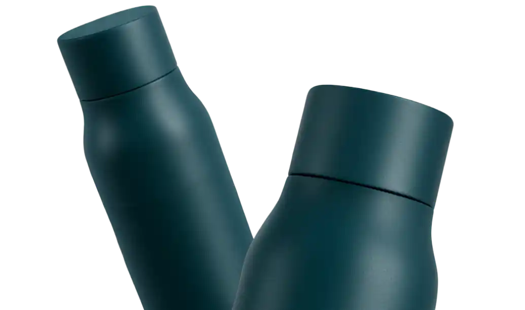 Radiance Visual. Two dark teal matte insulated water bottles with screw-on lids.
