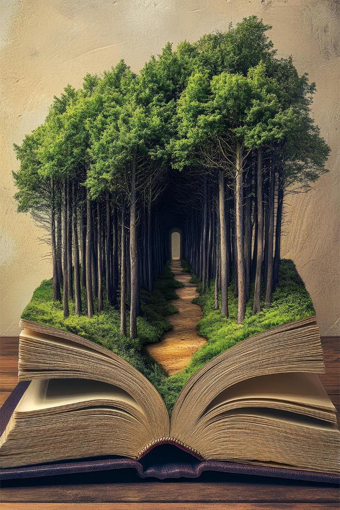 Open book transforming into a forest path lined with tall trees, symbolizing imagination and storytelling.
