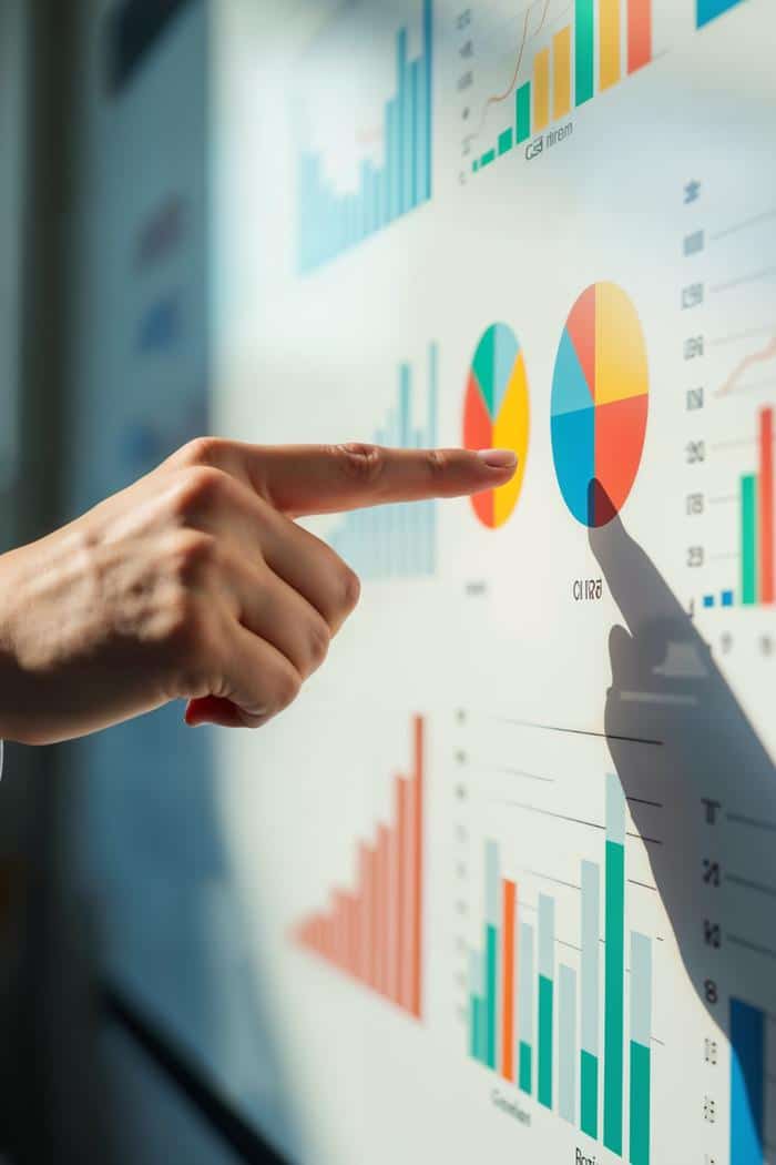 Hand pointing at colorful bar and pie charts on a data analytics dashboard.