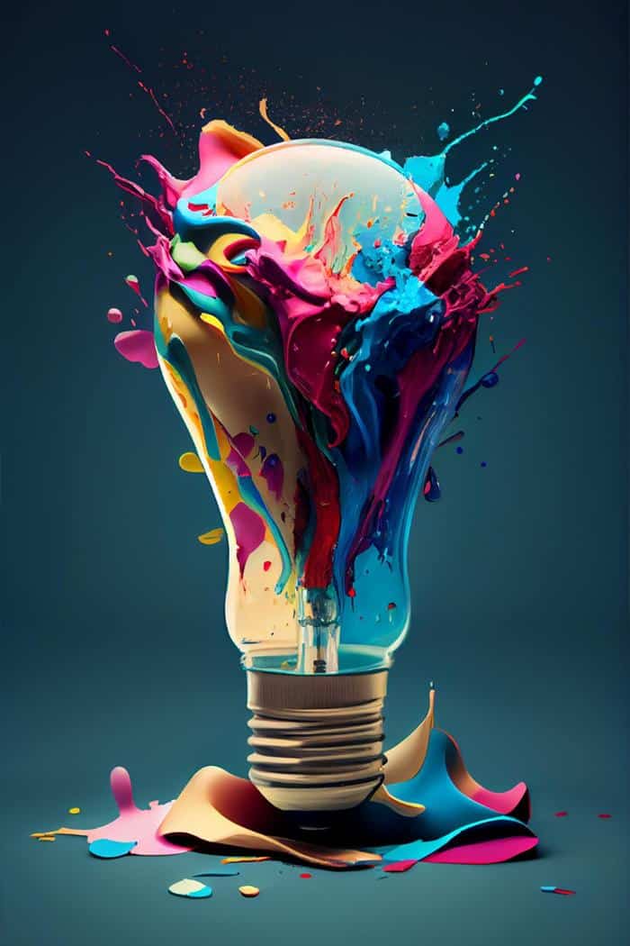 Colorful splashes of paint bursting from a light bulb symbolizing creativity and innovation.