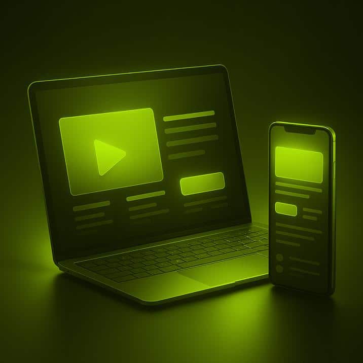 3D glowing green illustration of a laptop and smartphone showing responsive web design layouts on screens.