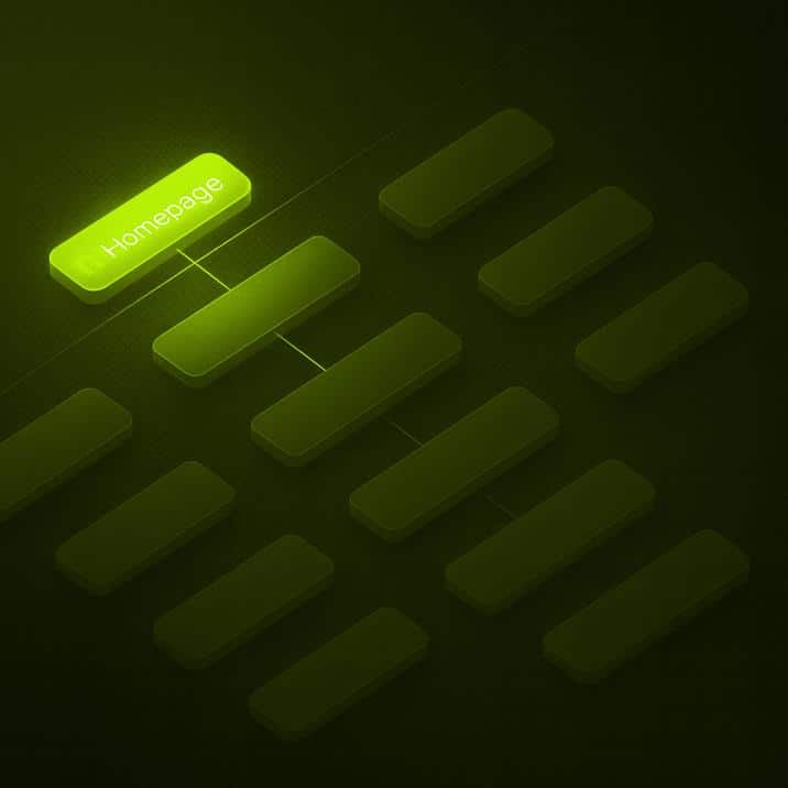3D glowing green sitemap illustration showing a highlighted “Homepage” connected to subpages in a structured layout.