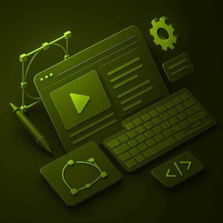 3D illustration of a glowing green workspace featuring a keyboard, design tools, and a video play interface.