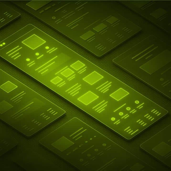 Futuristic 3D illustration of glowing green interface screens website wireframes.