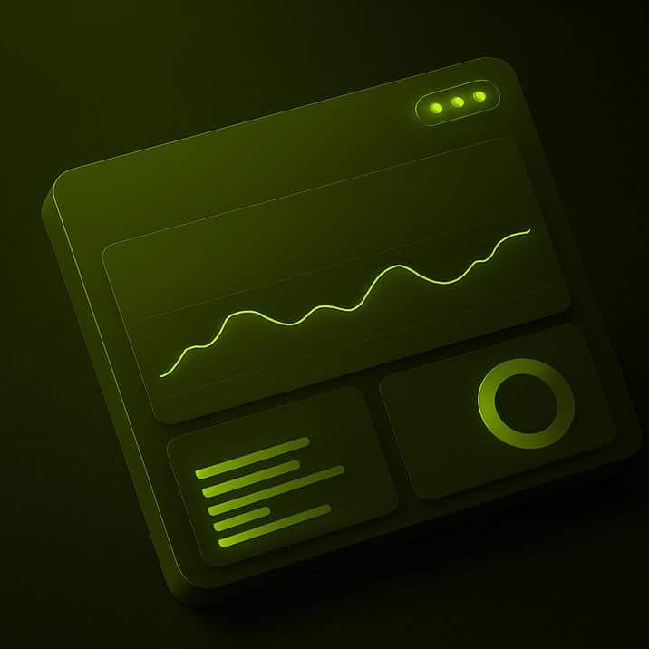 3D digital dashboard illustration with glowing green interface elements and data visualization graphics.
