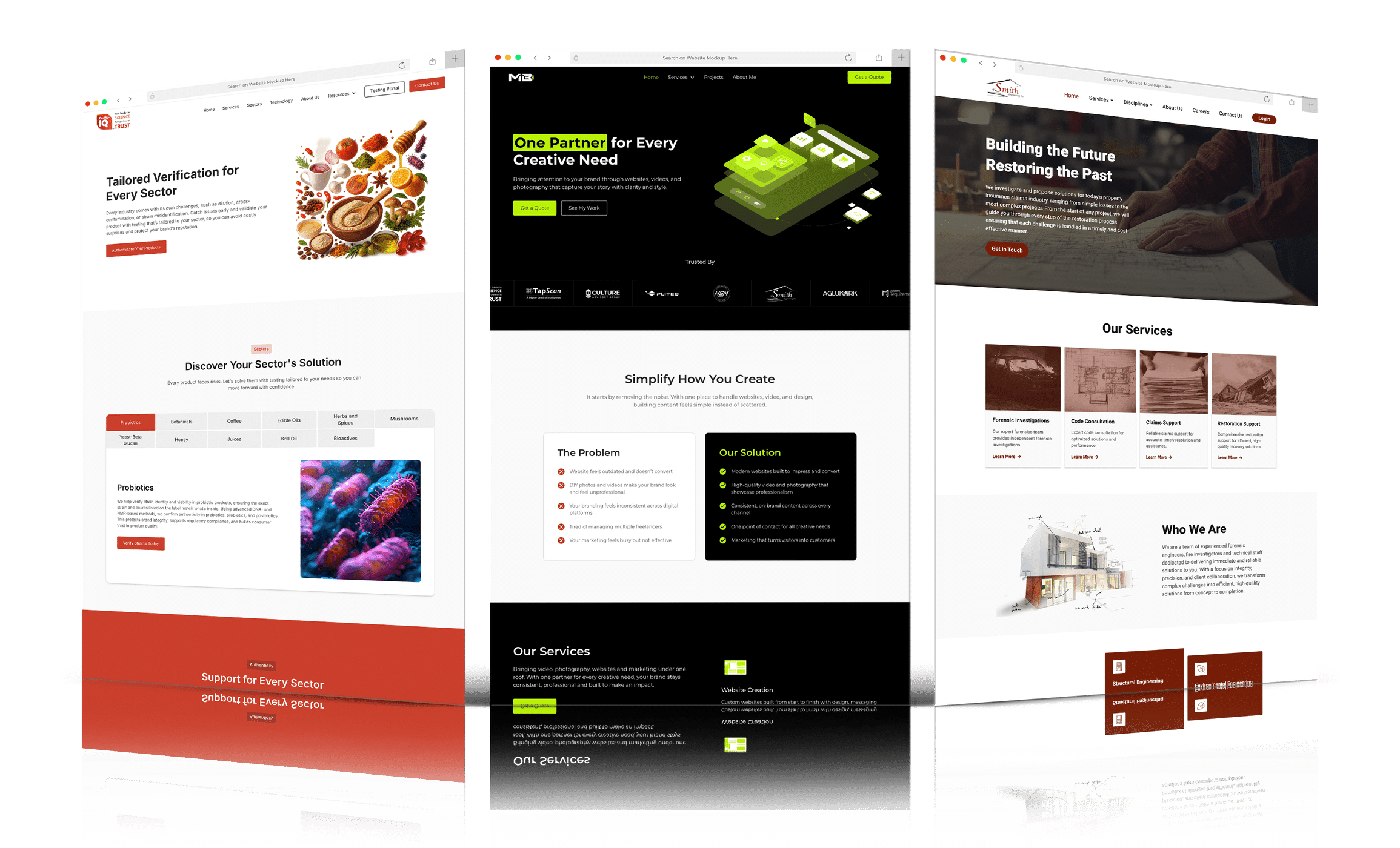 Three website mockups displayed side by side showcasing designs for Purity-IQ, MB Creative, and T. Smith Engineering.