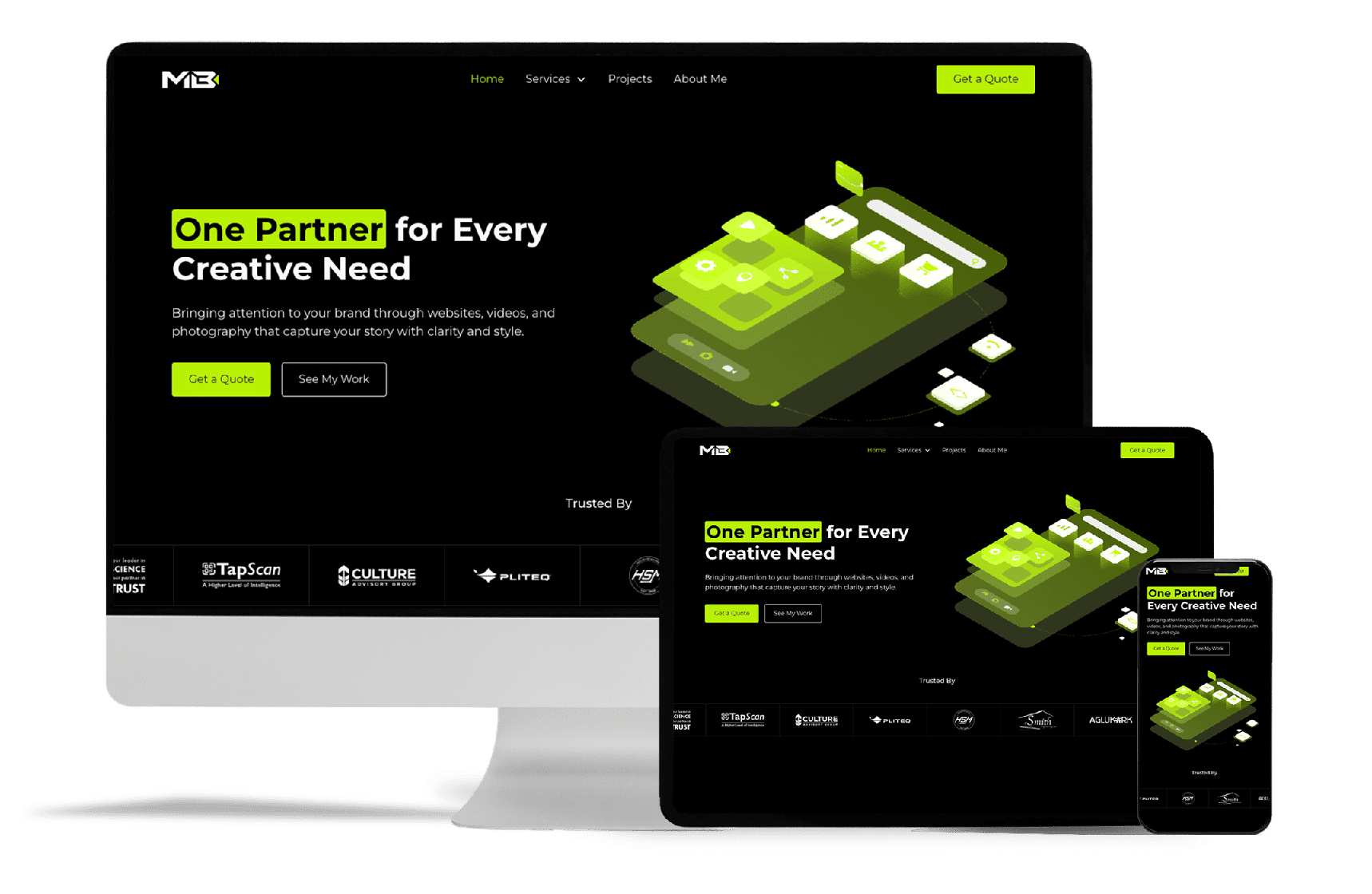 Responsive website mockup showcasing a creative agency homepage on desktop, tablet, and mobile devices.