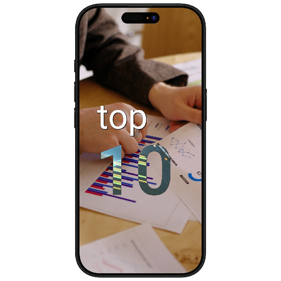 Smartphone mockup displaying a “Top 10” graphic over business charts and analytics documents.