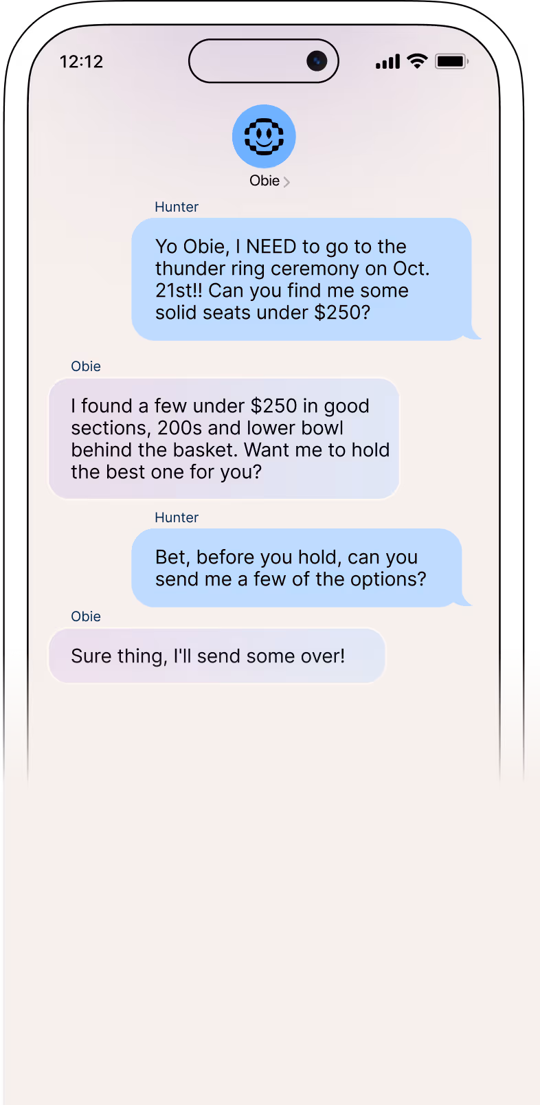 A cell phone with two texts written on it.