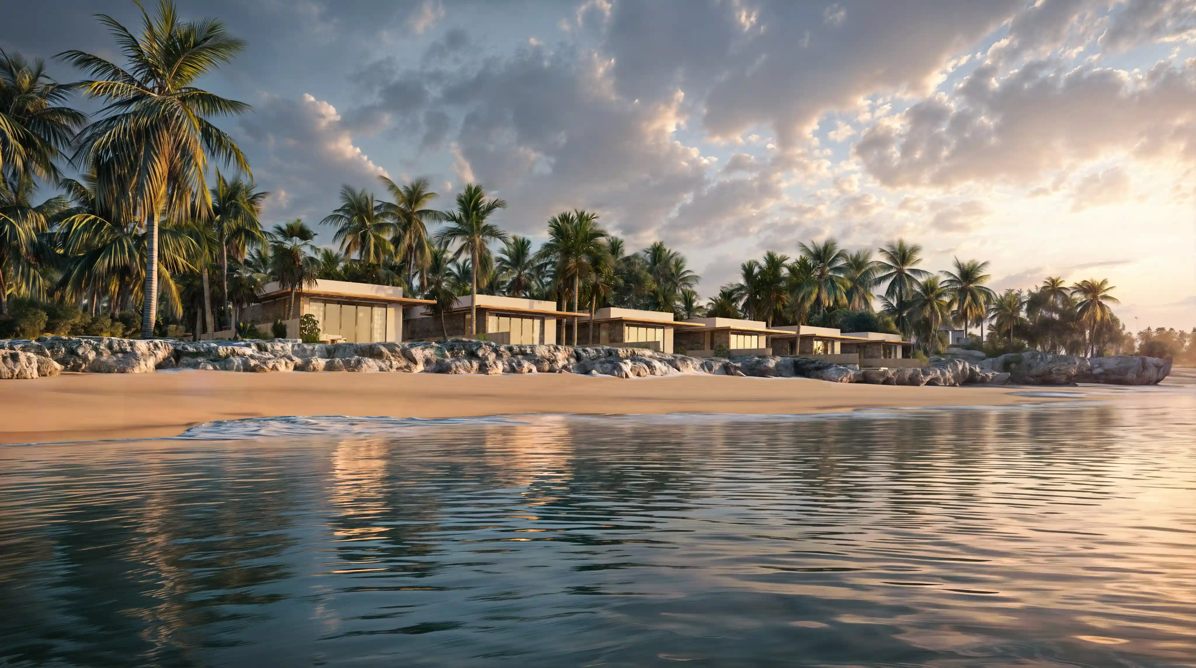 Modern beachfront villas surrounded by palm trees under a partly cloudy sky at sunset.