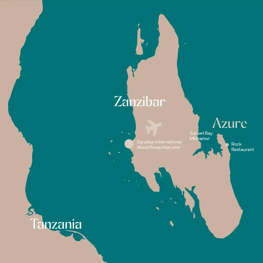 Map showing Zanzibar and part of Tanzania with locations marked including Zanzibar International Abeid Amani Karume Airport, Azure, Sunset Bay Michamvi, and Rock Restaurant.