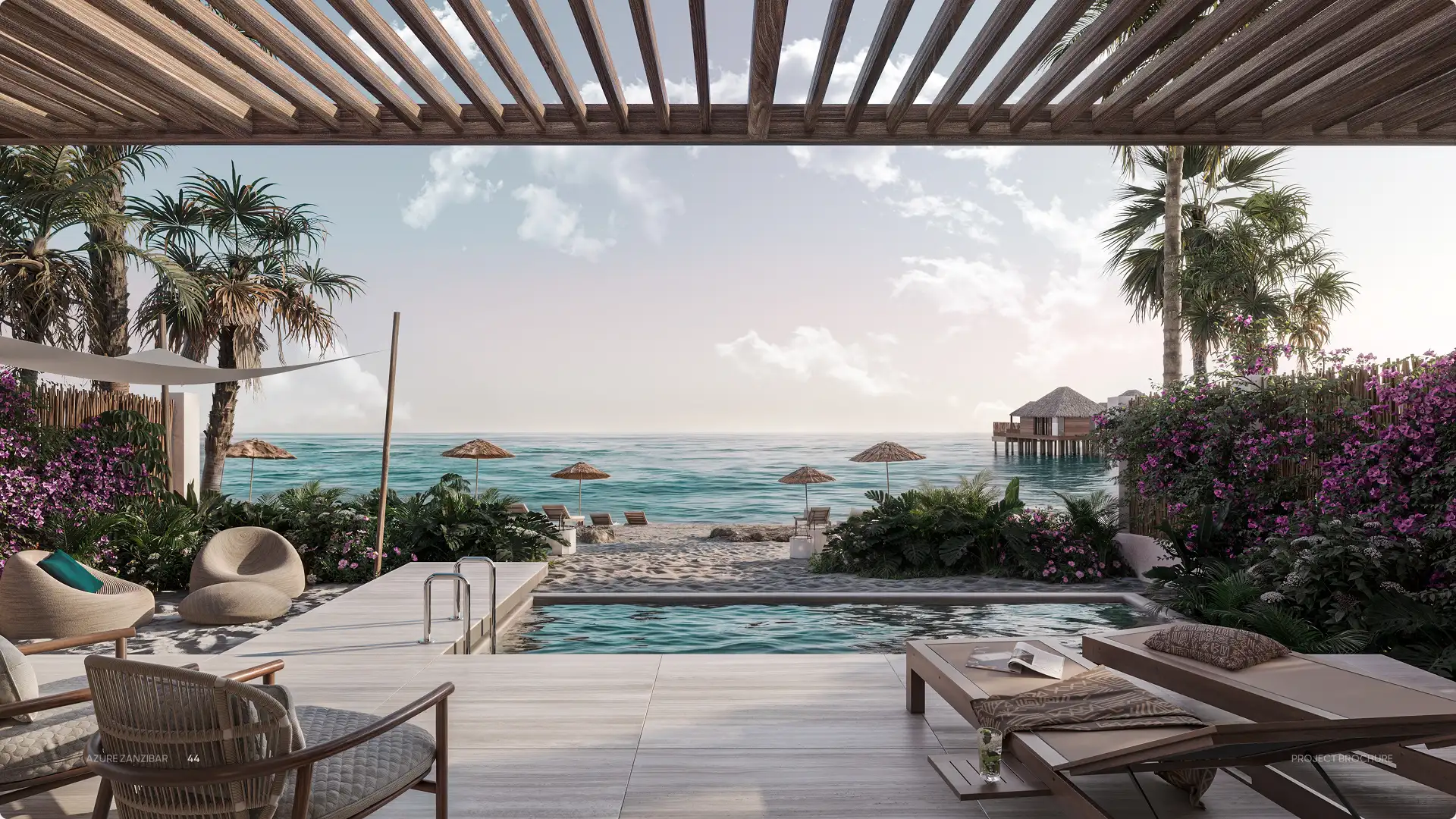 Modern beachfront patio with lounge chairs, a pool, tropical plants, and a view of the ocean with thatched umbrellas and overwater bungalows.