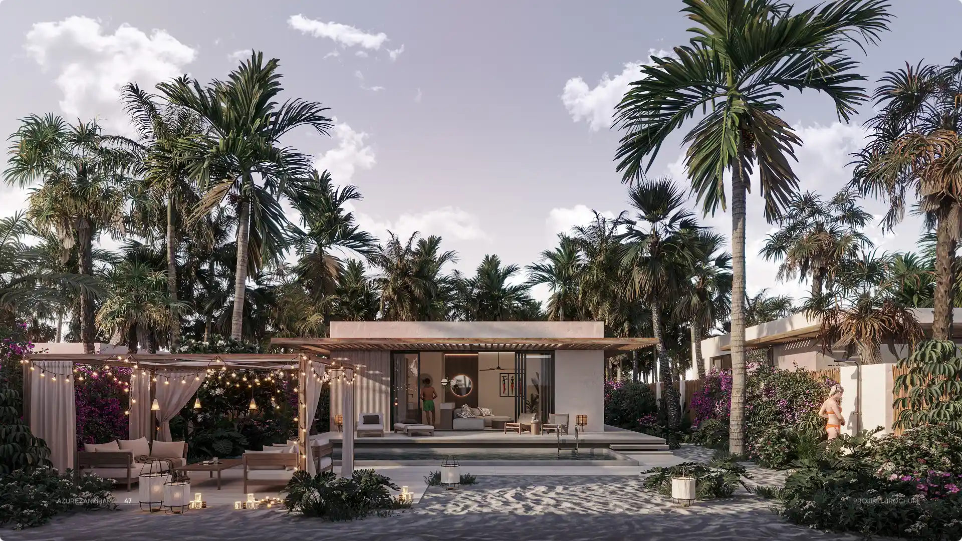 Modern tropical villa with a pool, surrounded by palm trees and lush greenery, featuring outdoor seating with string lights and a person in swimwear near an outdoor shower.