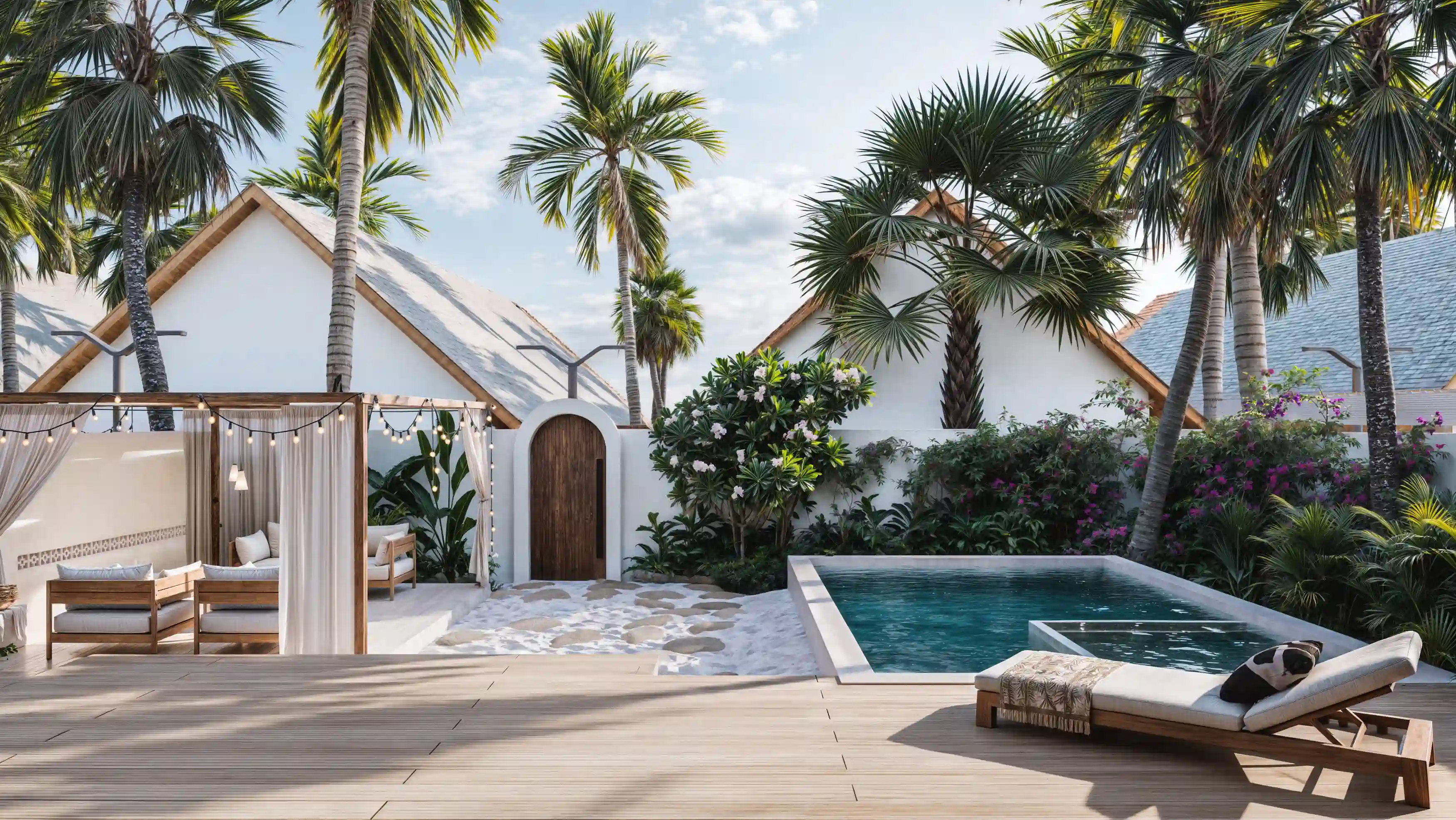Outdoor pool area with palm trees, wooden deck, cushioned lounge chair, shaded seating area, and white buildings with peaked roofs.