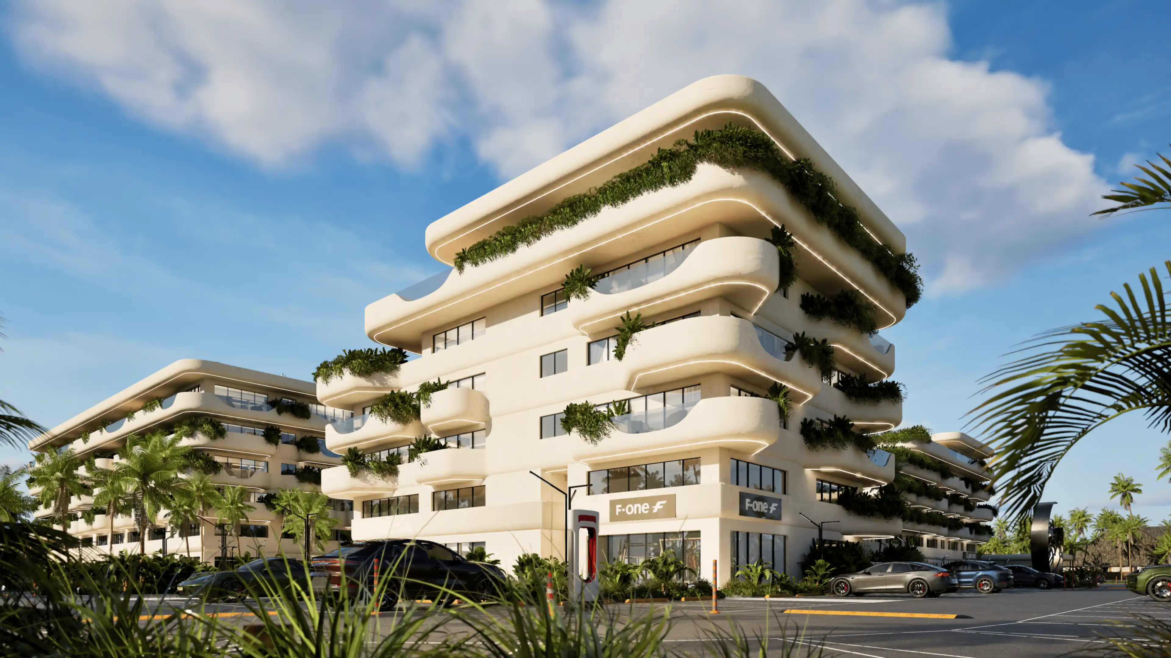 Modern bathroom with two white sinks on rustic wooden counter, hanging woven pendant lights, a wooden towel ladder, decorative wall baskets, and large window with tropical plants outside.