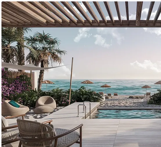 view of the ocean from the patio deck looking over the private pool