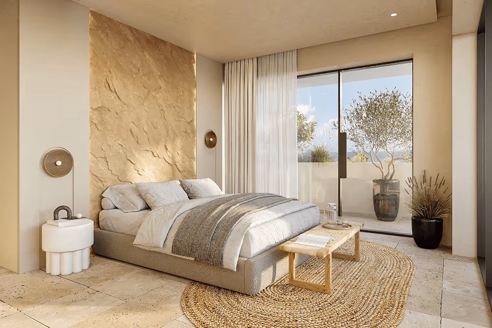 Minimalist bedroom with a low bed, textured beige wall, bedside table, woven rug, and large sliding glass door opening to a balcony with potted plants.