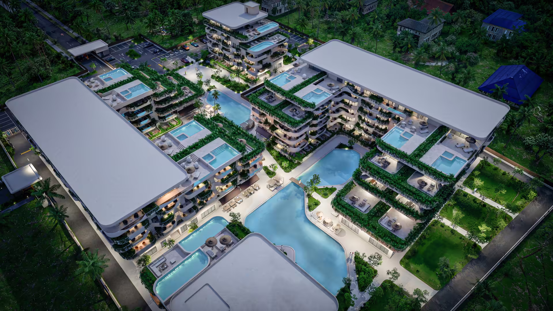Bright bathroom with two white sinks on rustic wooden countertops, hanging wicker lamps, woven wall decor, and a wooden towel ladder next to a glass door with a beaded curtain showing greenery outside.