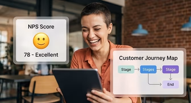 Smiling person holding a tablet with overlaid graphics showing an NPS score of 78 with a smiley face and a customer journey map with stages and an end point.