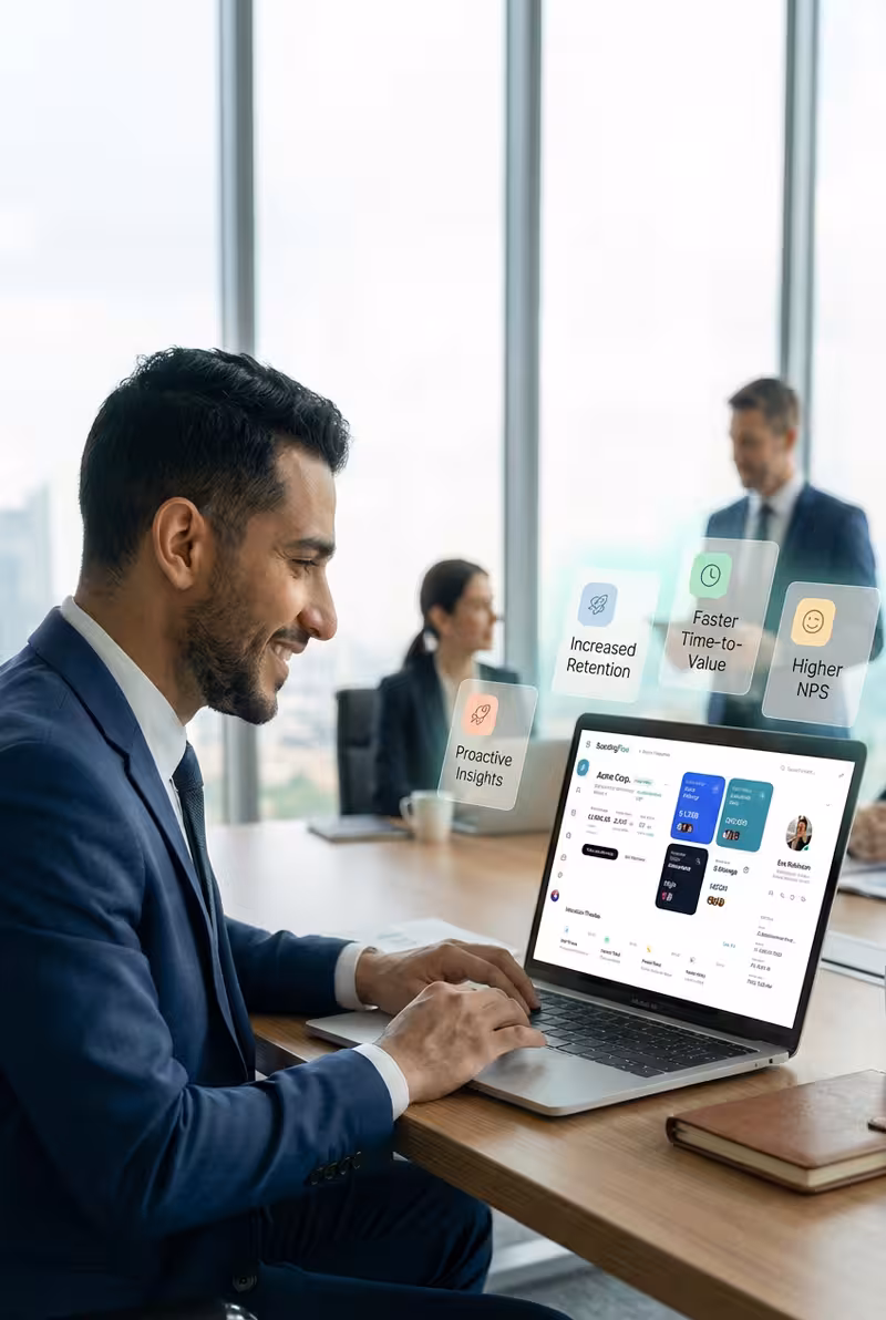Smiling businessman working on laptop in office with virtual icons showing 'Proactive Insights,' 'Increased Retention,' 'Faster Time-to-Value,' and 'Higher NPS.'