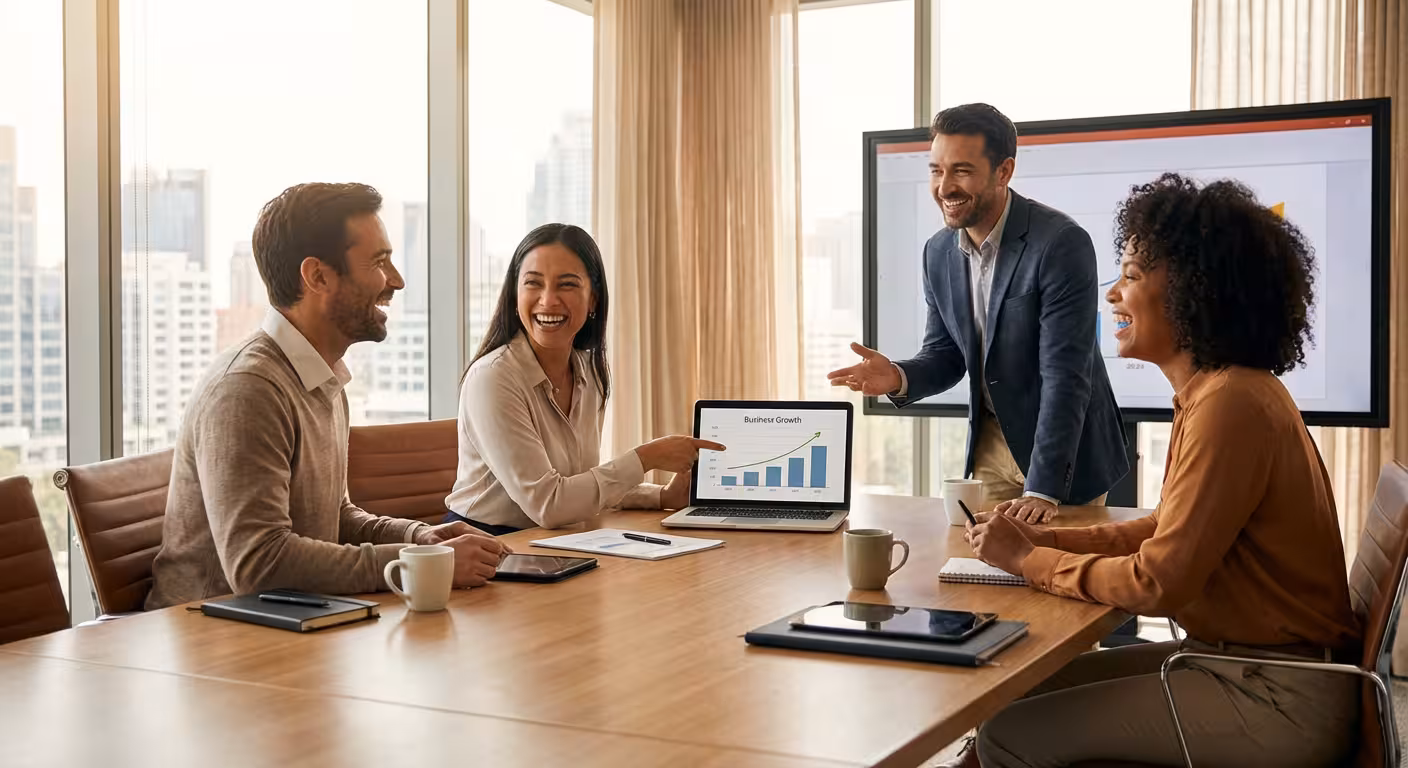 Four colleagues smiling and discussing business growth around a conference table with laptops and charts.