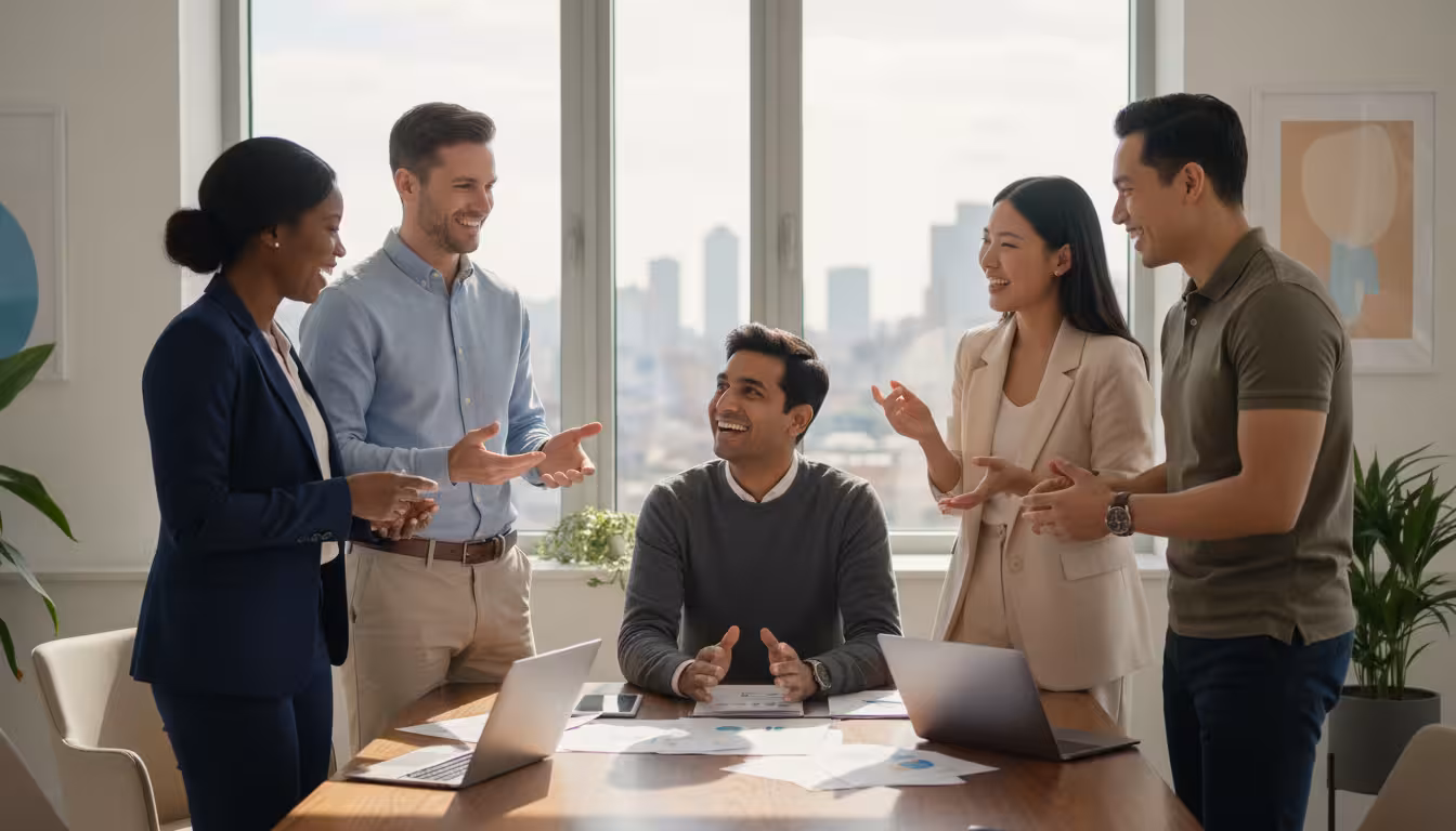 Five diverse colleagues smiling and discussing work around a table with laptops and papers in a bright office.