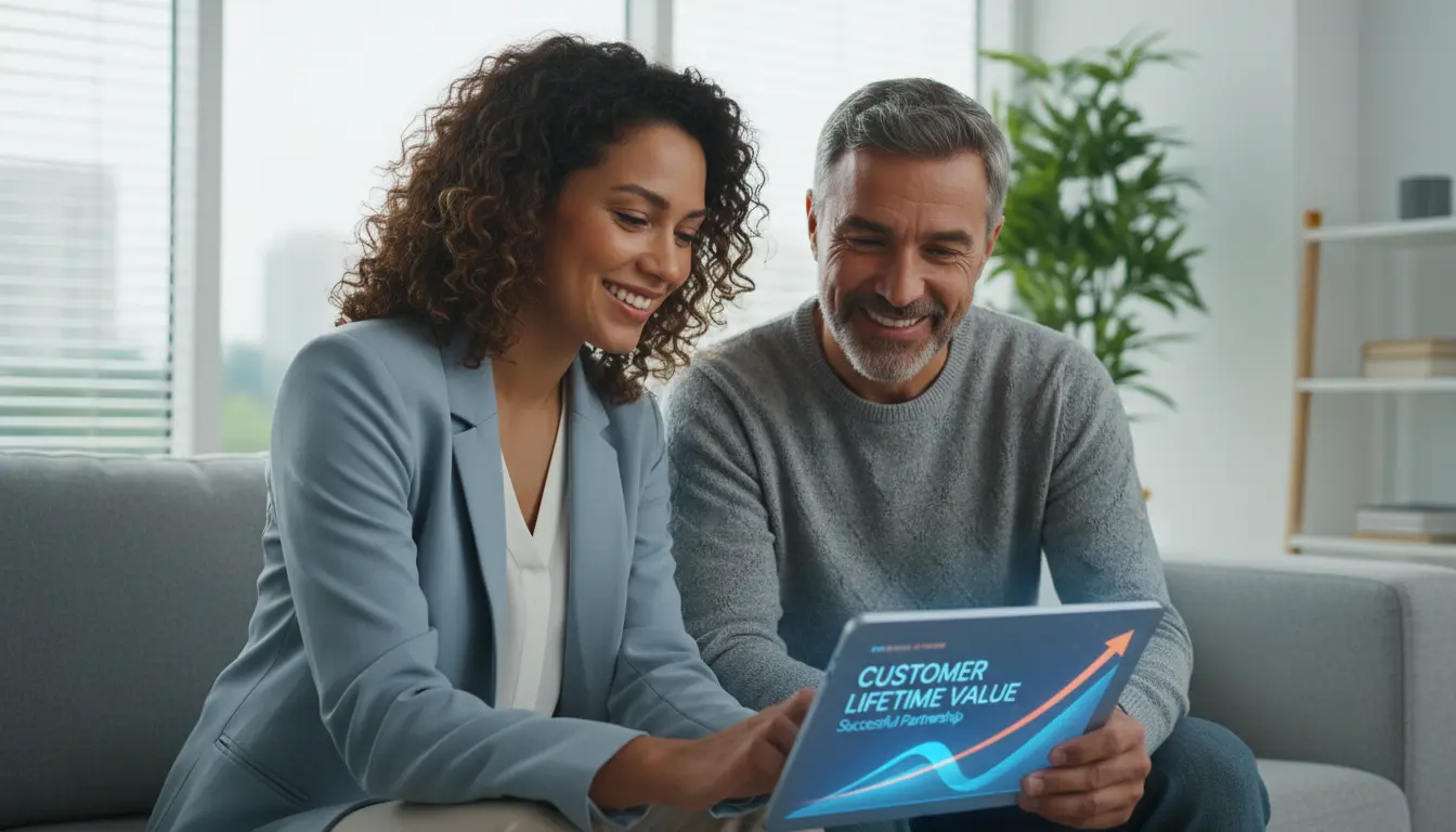 Smiling man and woman sitting on a couch looking at a tablet displaying a graph labeled Customer Lifetime Value.