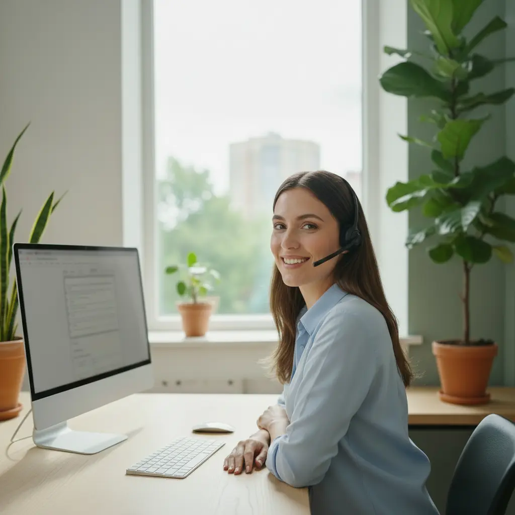 Smiling woman wearing headset sitting at desk with computer in a bright office with plants.