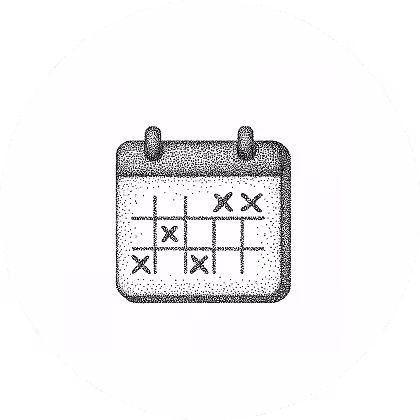 Kalender mit handgezeichneten Kreuzen und Kreisen, die ein Tic-Tac-Toe-Spiel darstellen.