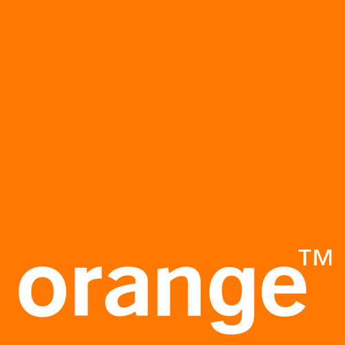 Logo d'Orange avec texte blanc sur fond carr&eacute; orange vif.