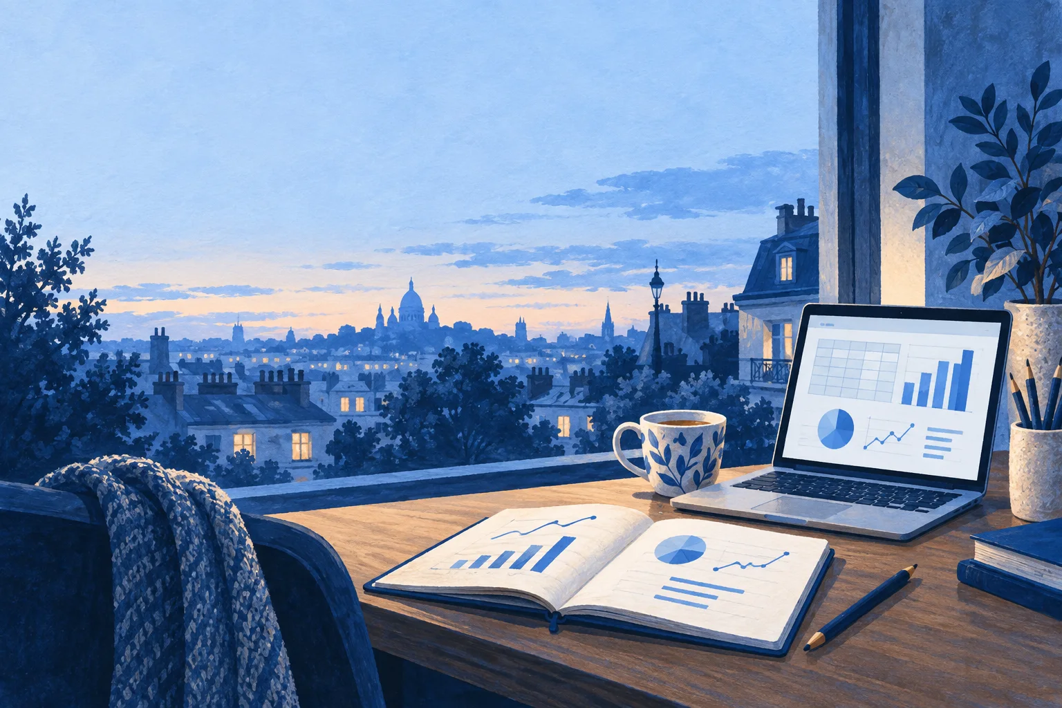 Illustration d’un bureau calme le soir, avec un carnet, un ordinateur et une tasse.