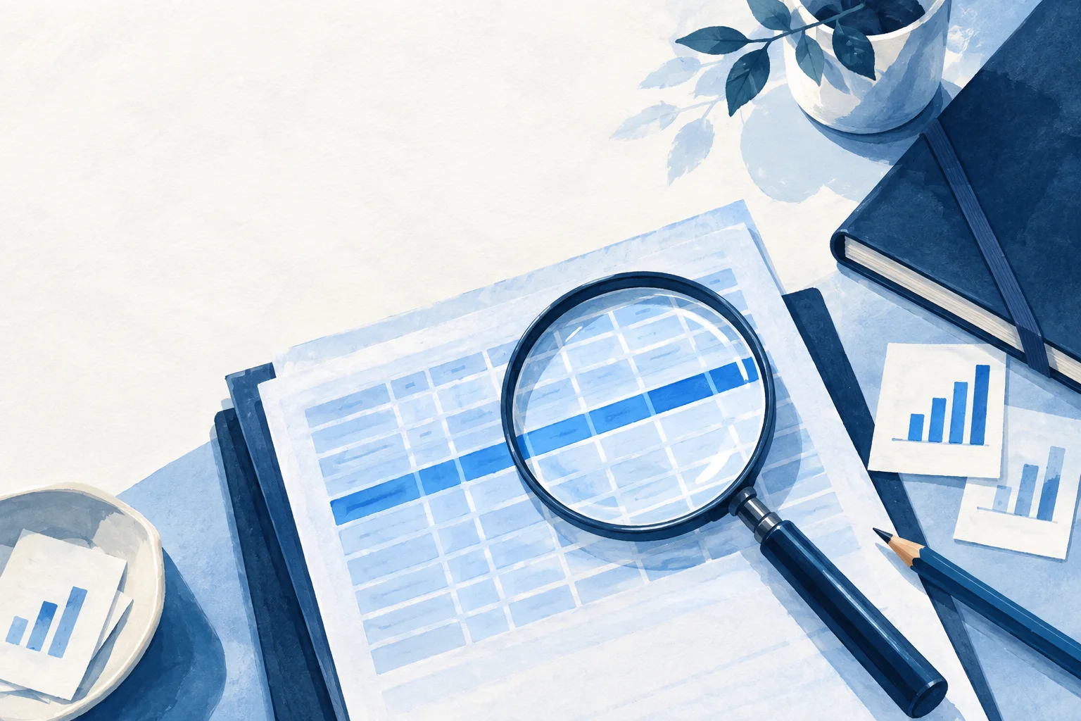 Illustration d’une loupe sur un tableau de données, à côté d’un carnet et de graphiques.