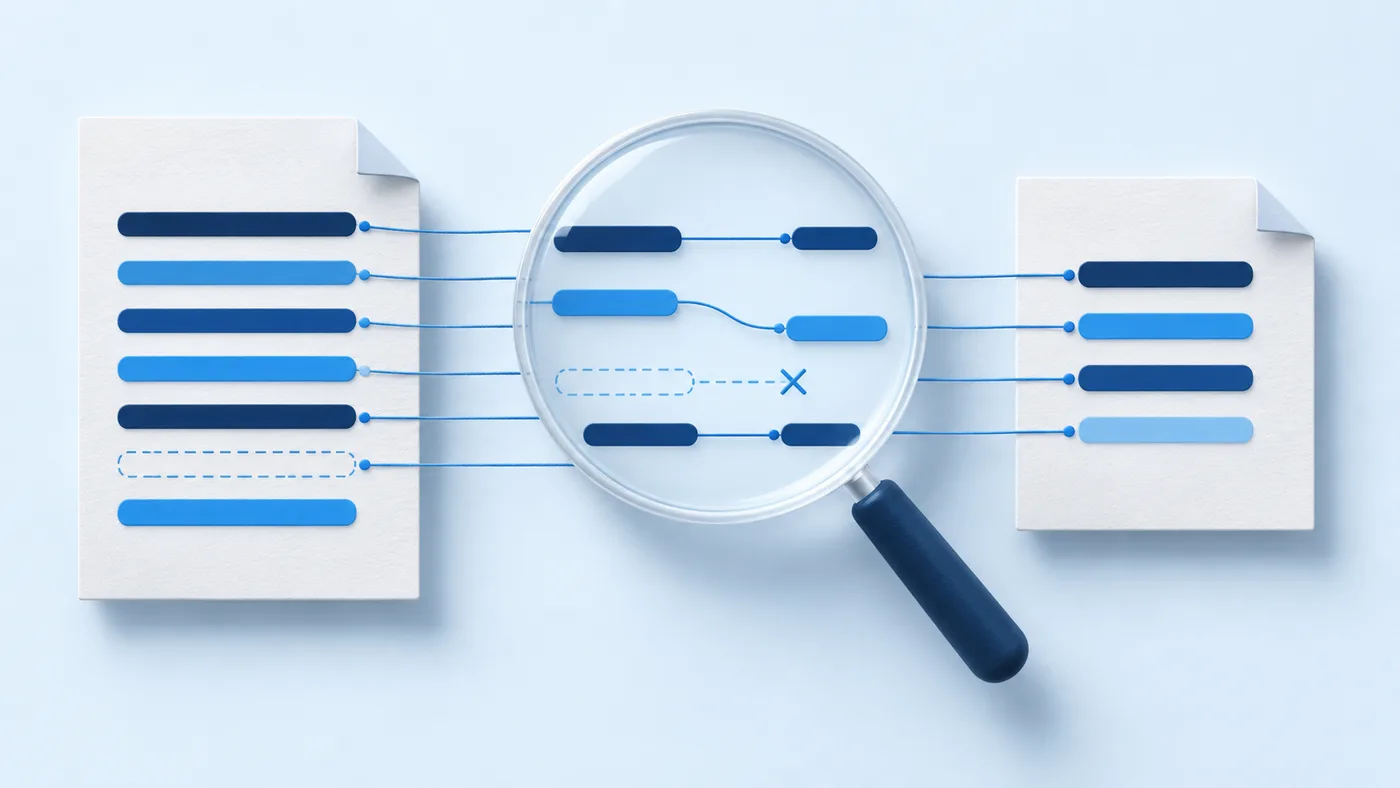 Deux documents bleus comparés à la loupe, illustrant la vérification d’une synthèse face à sa source.