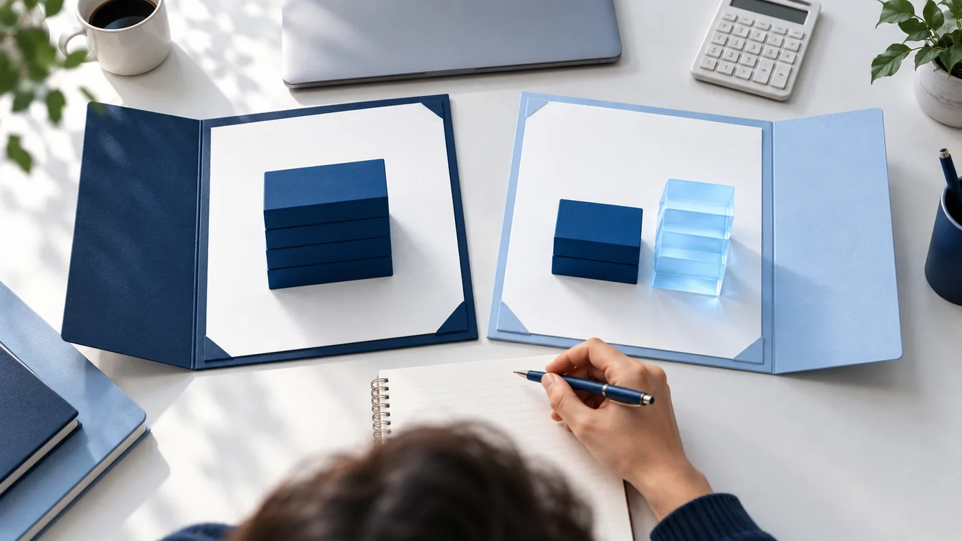 Deux dossiers d’offres sont comparés sur un bureau, avec des blocs pleins pour le fixe et des blocs translucides pour la part conditionnelle.