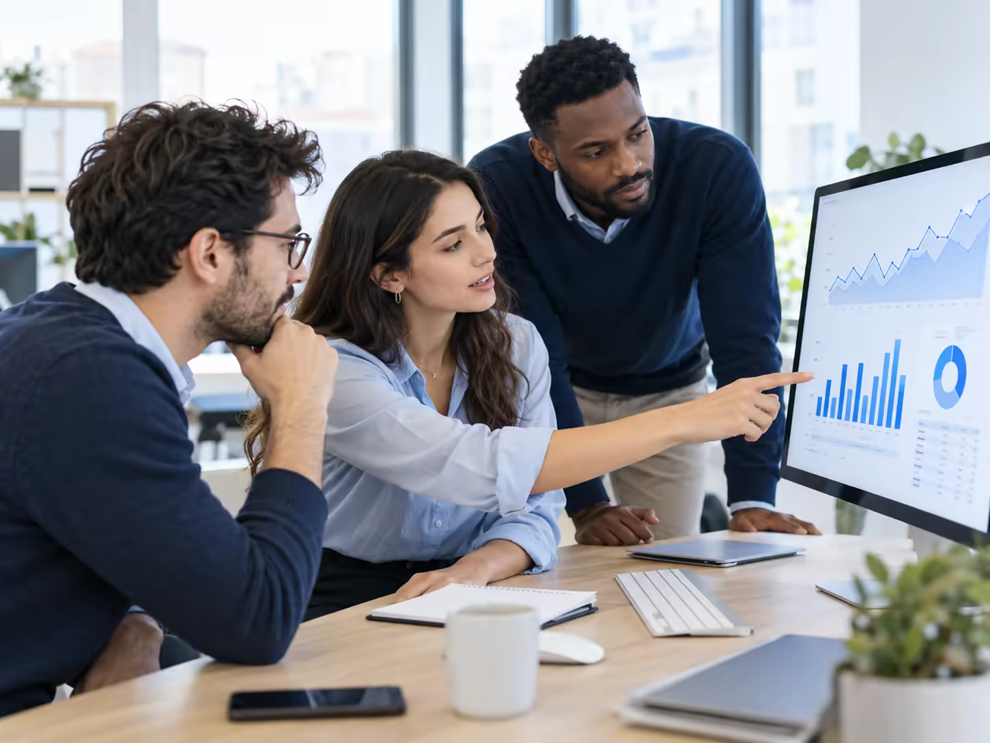 Trois coll&egrave;gues analysent ensemble un tableau de bord de donn&eacute;es sur un &eacute;cran d'ordinateur