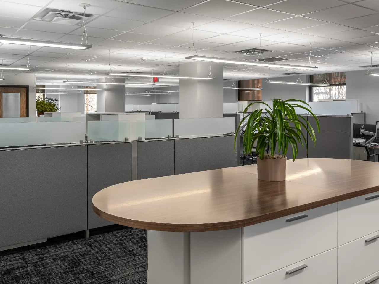 Open office workspace at the David J. Joseph Company headquarters featuring new carpeting, drop ceilings, and custom millwork completed by Oswald Company.