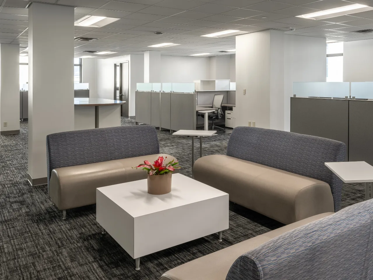 Renovated collaboration area at the DJJ headquarters, showcasing updated finishes and modern furniture by Oswald Company.