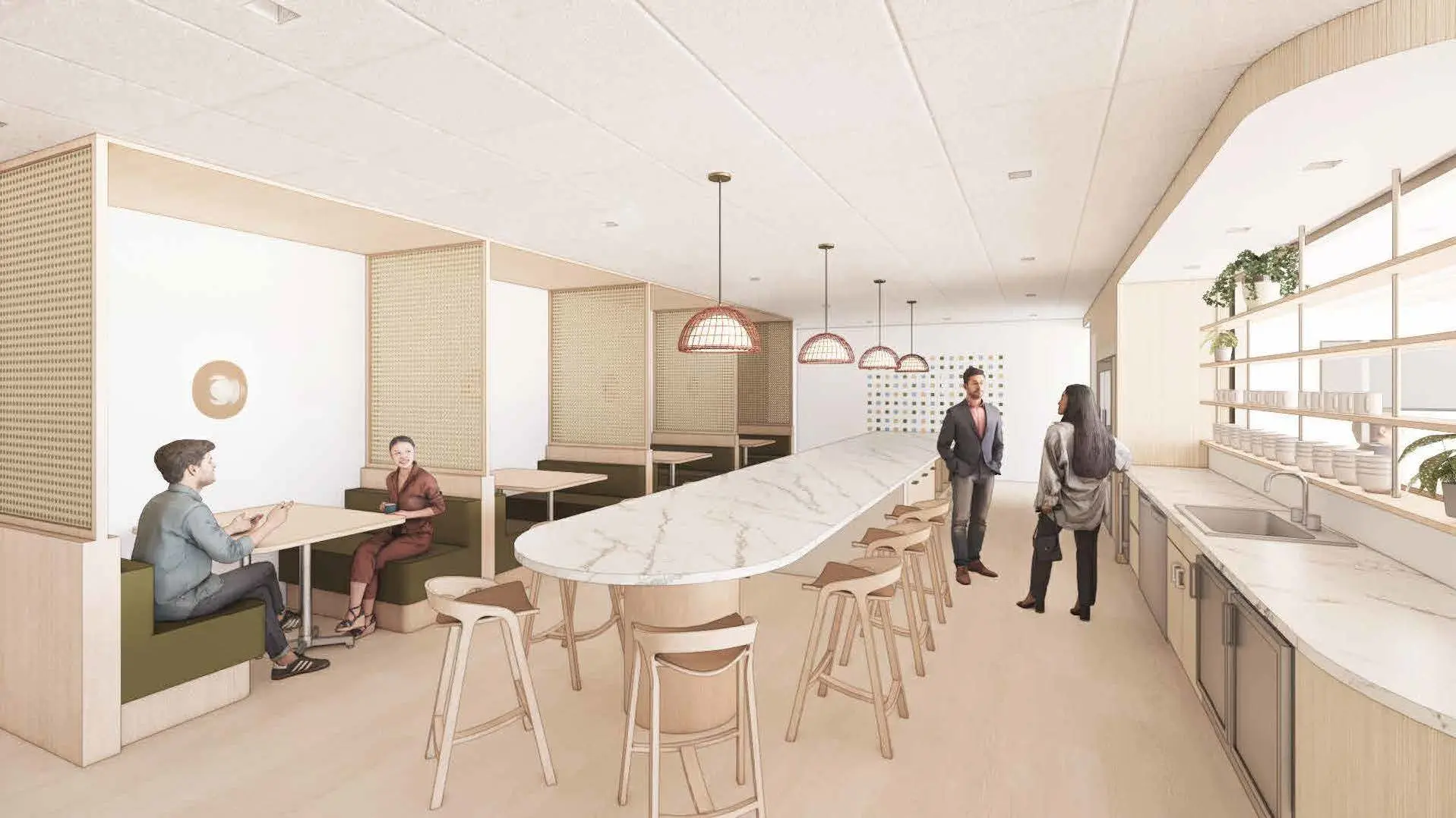 Interior rendering of Barnes & Dennig's projected office space of employee cafe with bright wooden booths and long dining table.