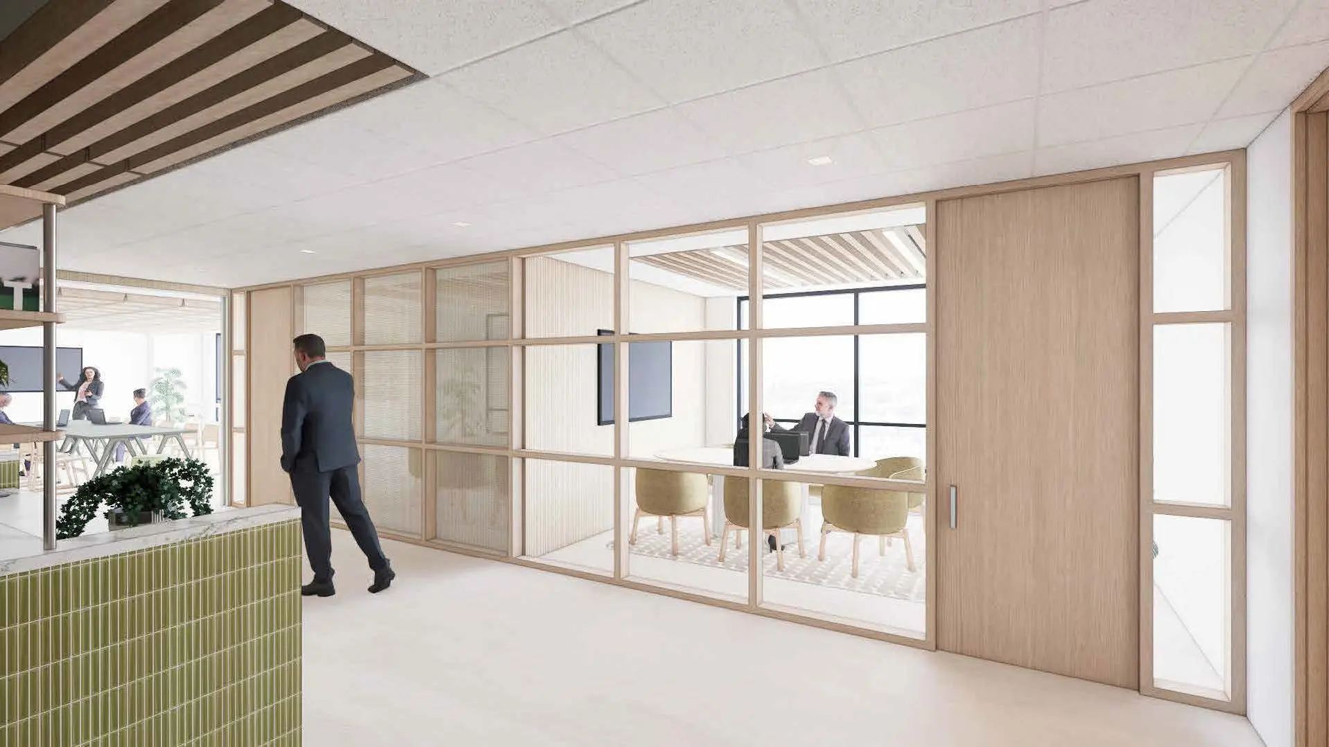 Interior rendering of Barnes & Dennig's storefront with bright office spaces with light wood.