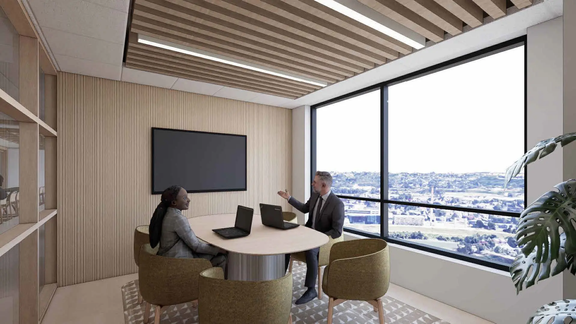 Interior rendering of a bright meeting room with large windows inside Barnes & Dennig's new office space by Oswald Company.
