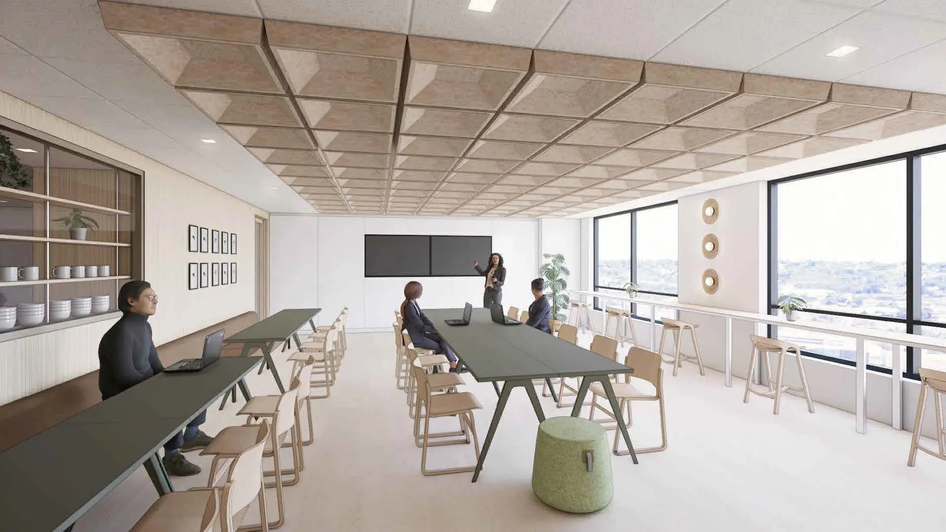 Rendering of Barnes & Dennig's Training Cafe with a open layout seating and instruction area.