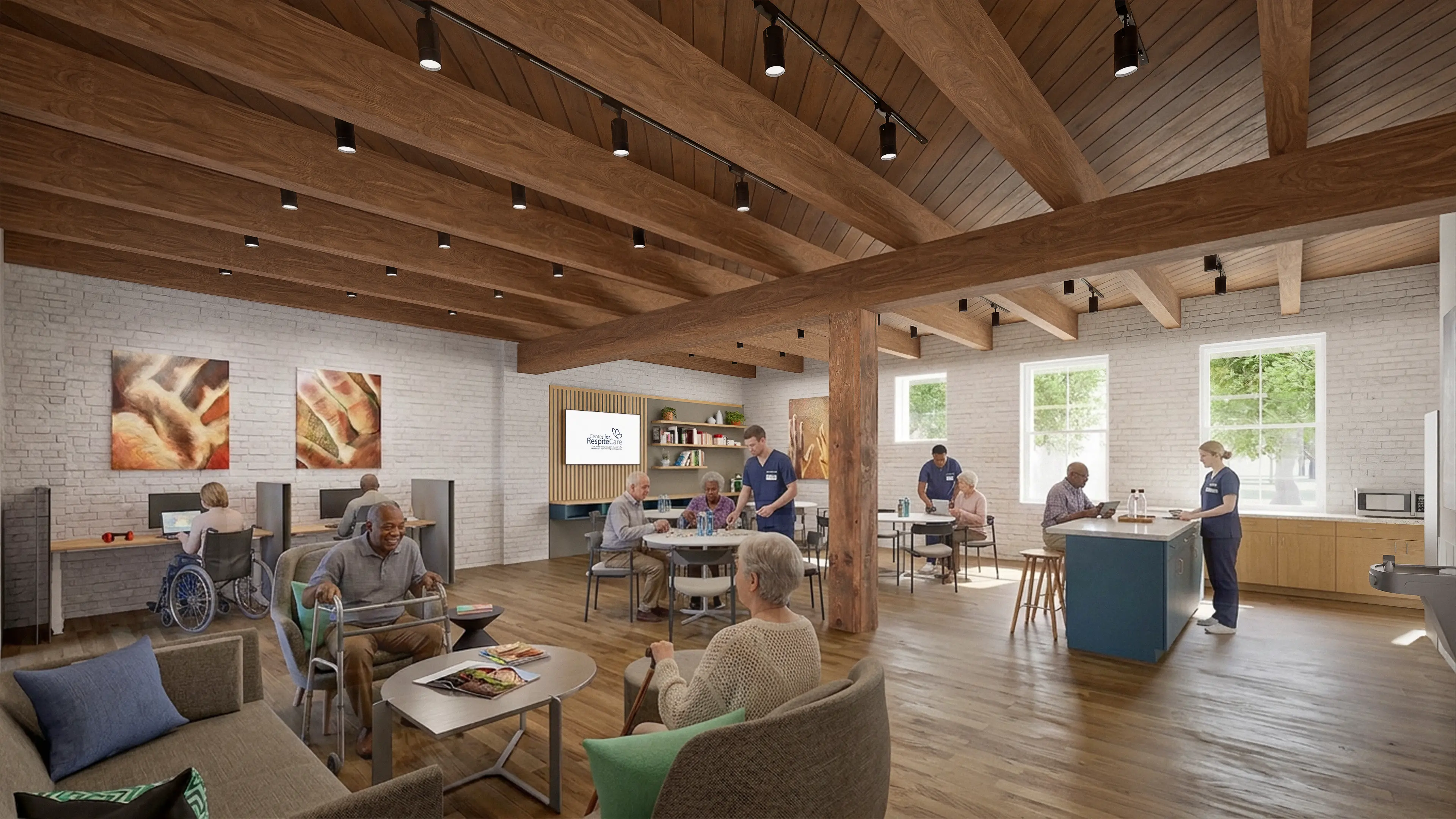 Rendering of the activity room of The Center of Respite Care with wood beam ceilings and natural light.
