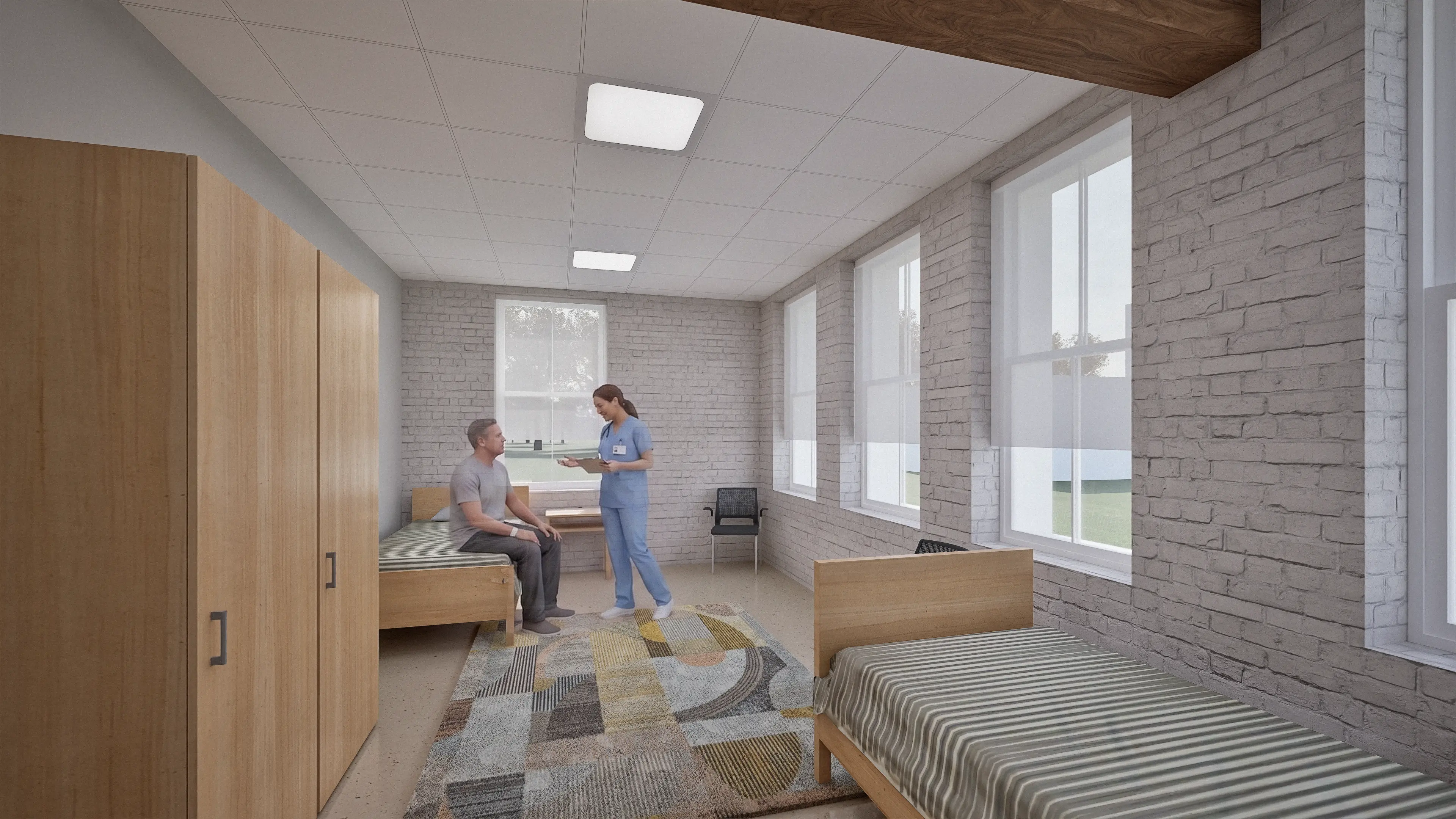 Interior rendering of a residential room inside The Center for Respite Care's new facility with two beds and modern design.