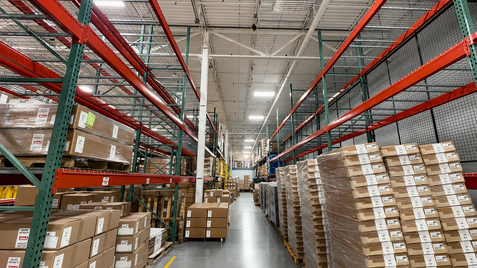Additional orange racking to the ceiling for inventory at AtriCure's renovated MDC by Oswald Company.
