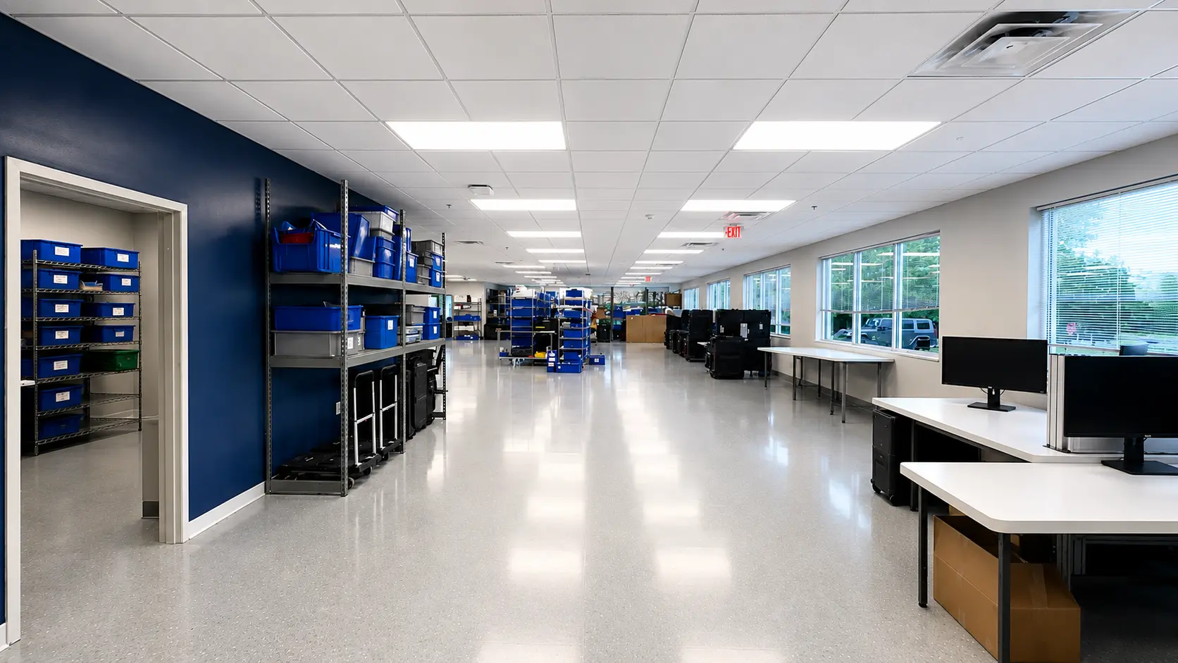 Inside AtriCure's new office space and inventory area with natural light and an open plan, renovated by Oswald Company.