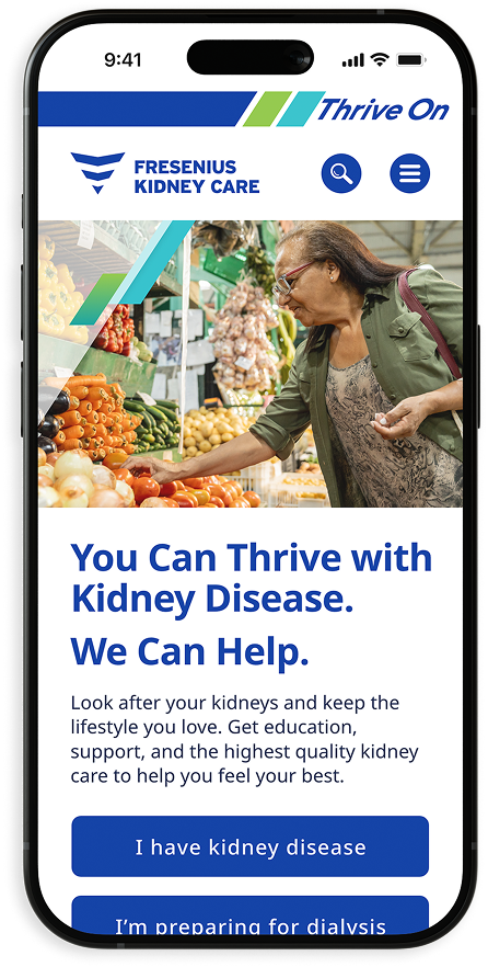 Homepage of FreseniusKidneyCare.com in a mobile phone mockup.