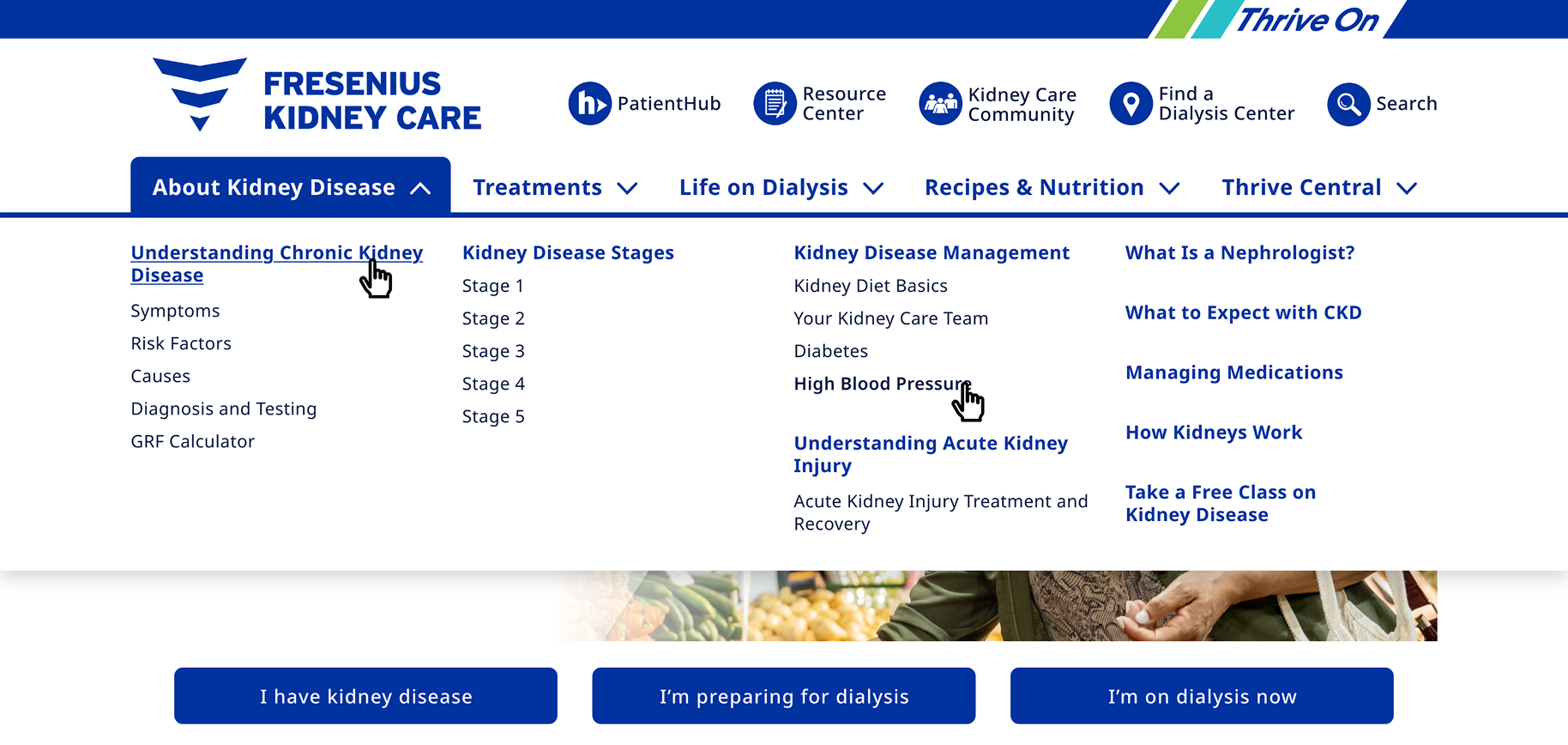 Desktop viewport of the updated mega menu of FreseniusKidneyCare.com.