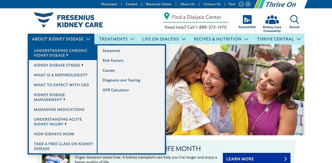 Desktop viewport of the old fly out menu of FreseniusKidneyCare.com.